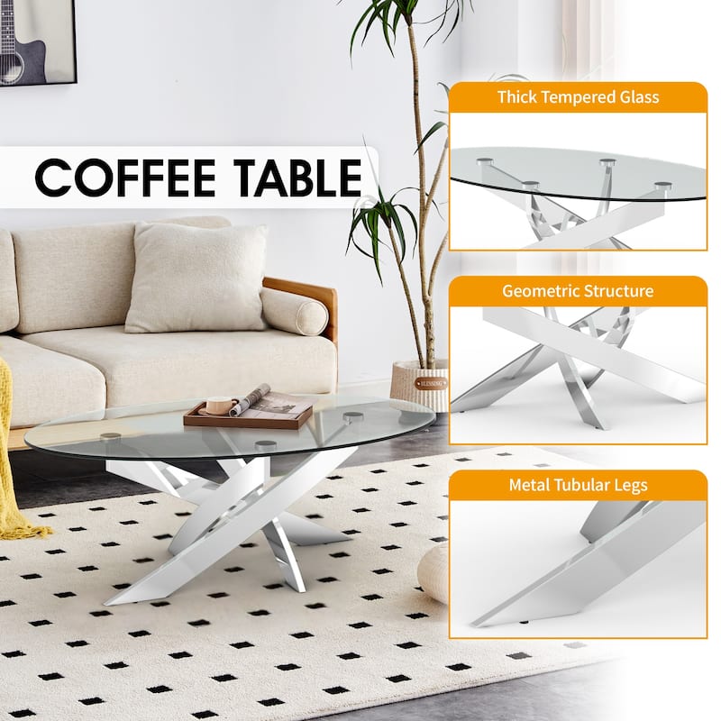 47.3" Modern Tempered Glass Coffee Table with Criss-Cross Legs