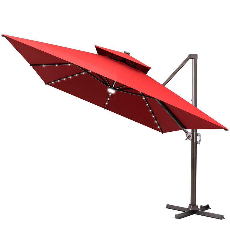 10 FT x 13 FT Outdoor LED Lighted Double Top Patio Cantilever Umbrella - Red