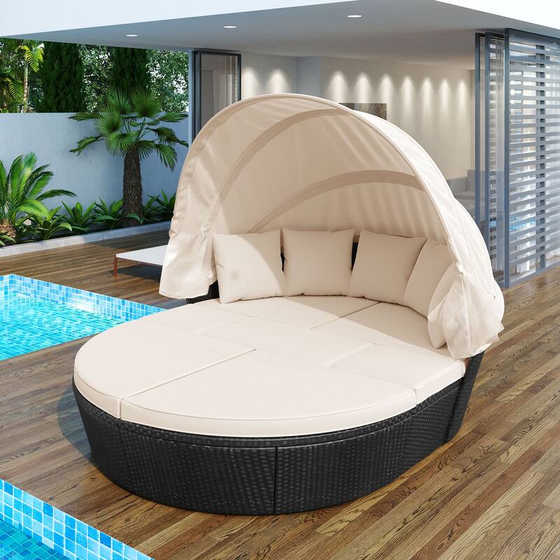 Modern Round Outdoor Rattan Sofa Bed with Retractable Canopy, Convertible into Coffee Table, Suitable for Patio and Outdoor Pool - Beige