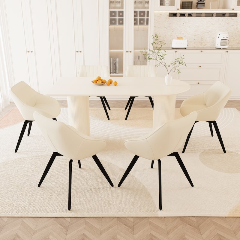 Modern Round Dining Table Set with Carved Legs and PU Leather Chairs, 7-Piece Kitchen Table Set for 4 for Dining Room