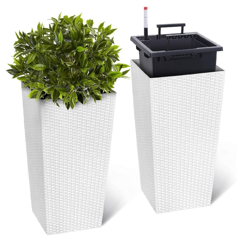 Set of 2 Garden Decor 22.5" Tall Indoor Outdoor Planters with Tray & Water Level Gauge - White