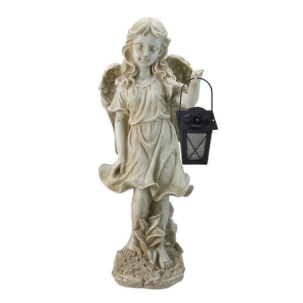 21" Ivory Standing Angel With Tealight Candle Lantern Outdoor Garden Patio Statue - N/A