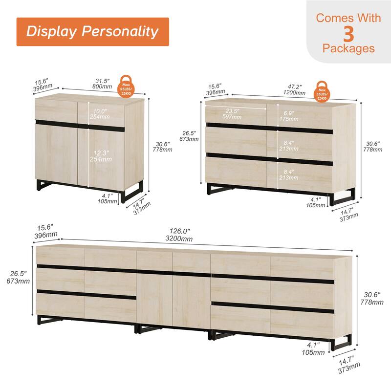 WAMPAT Modern Sideboard with Adjustable Shelves, 3 in 1 Storage Cabinet with Glass Doors, Coffee Bar Cabinet for Kitchen