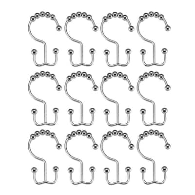 Shower Curtain Ring Hooks Metal Double Roller Glide 12 Pcs - Silver Tone