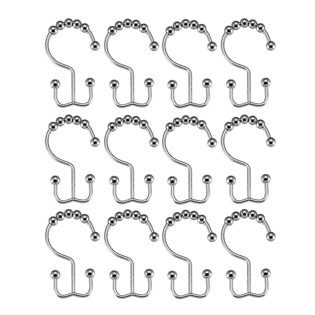 Shower Curtain Ring Hooks Metal Double Roller Glide 12 Pcs - Silver Tone