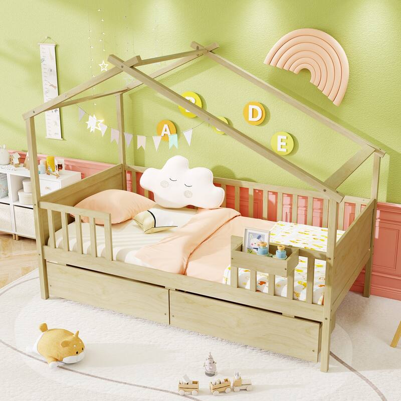 Gymax Twin House Bed w/ 2 Storage Drawers Roof & Fence Rails Headboard