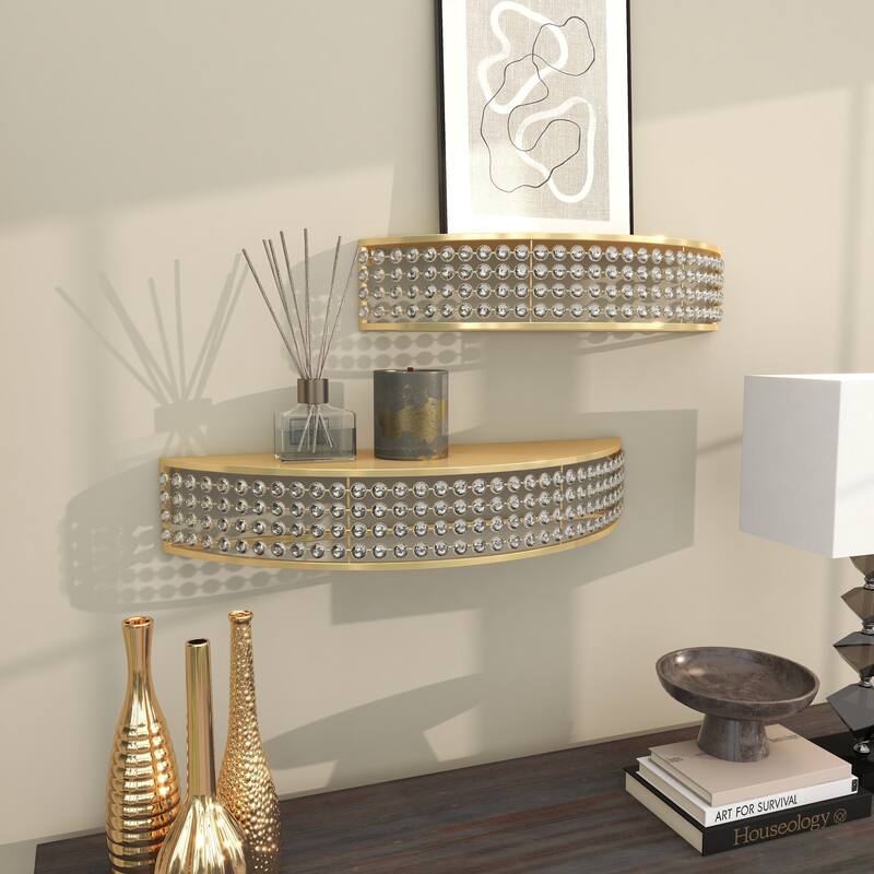 Gold Metal Half-Moon Wall Shelf with Crystal Embellishments (Set of 2)