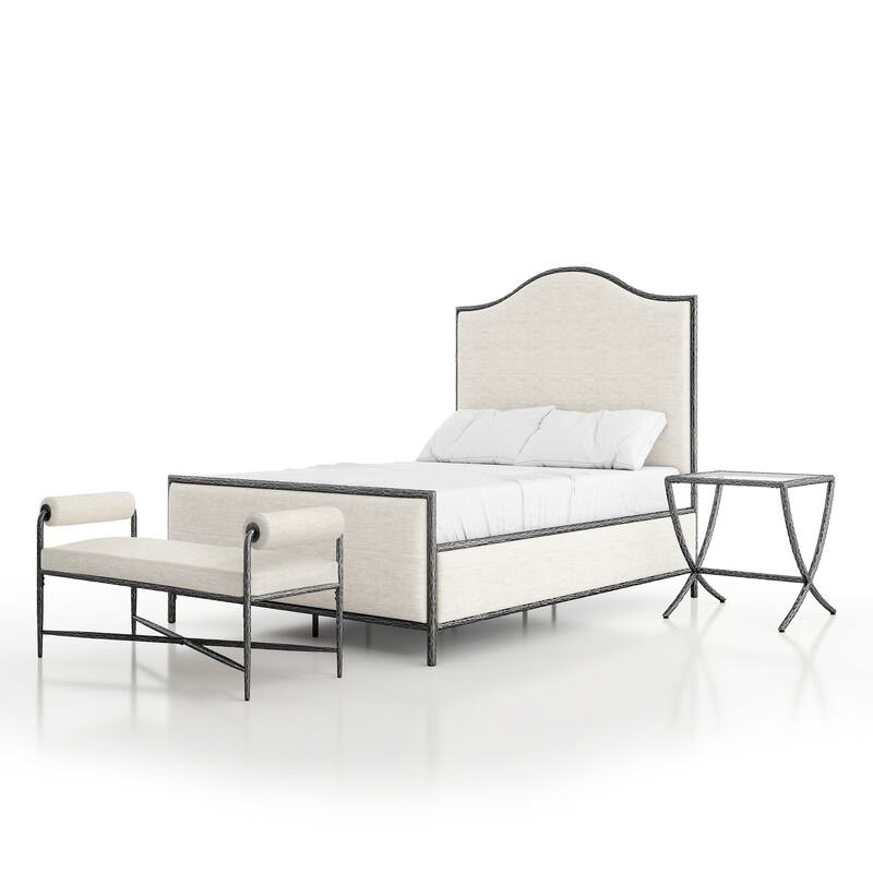 247 Shop At Home Lalia Modern 3-Piece Upholstered Hammered Metal Camelback Bedroom Set with Nightstand and Bench - Matte Grey - Full