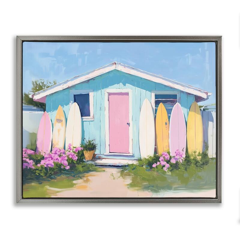 Stupell Cabin with Pastel Surfboards Framed Floater Canvas Wall Art Design By Arlington Prints - 21 x 17 - Grey