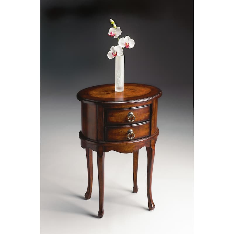 HomeRoots 26" Dark Brown And Cherry Manufactured Wood Oval End Table With Two Drawers - 18