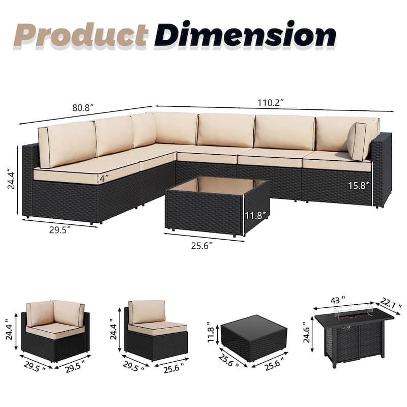 8-Piece Outdoor Patio Wicker Conversation Set with Fire Pit Table, Sectional Sofa & Cushions - N/A