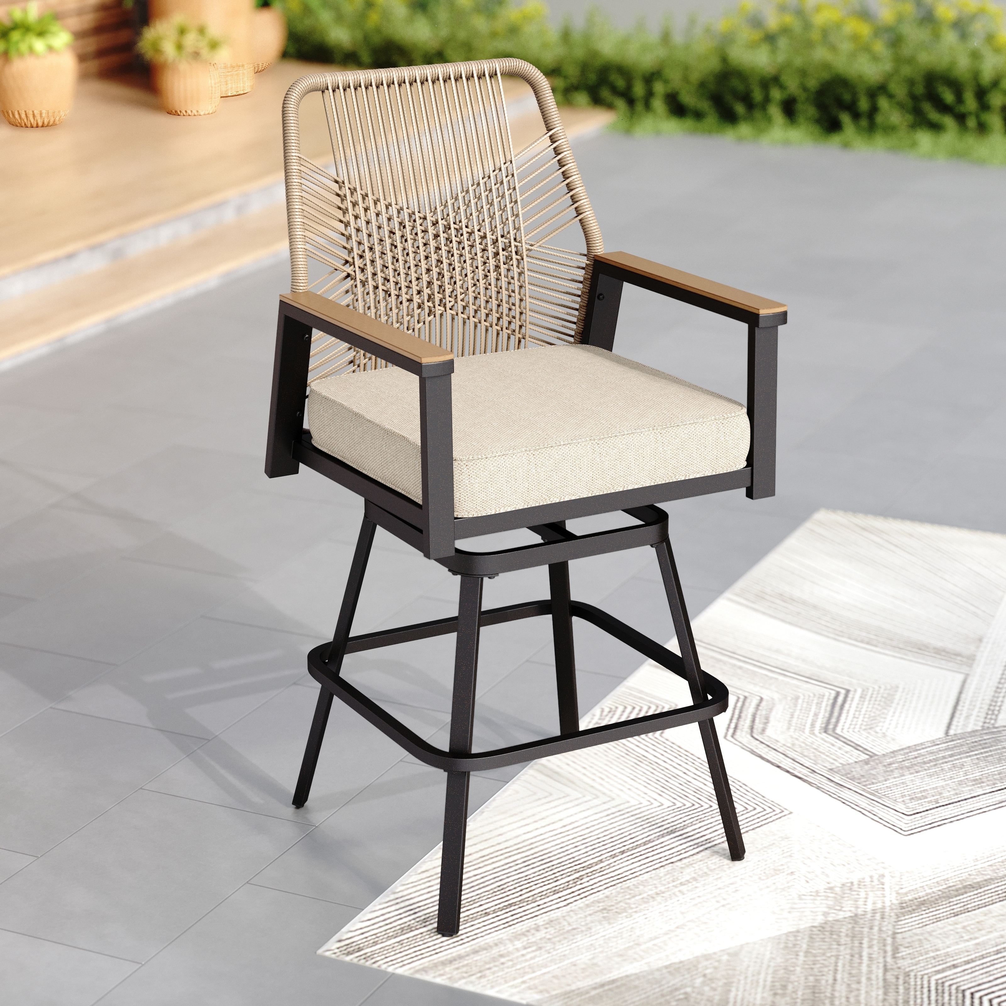 MAISON ARTS Modern Twill Wicker Woven Outdoor Bar Stool Chair Set, Counter Height Stool with Back and Cushion