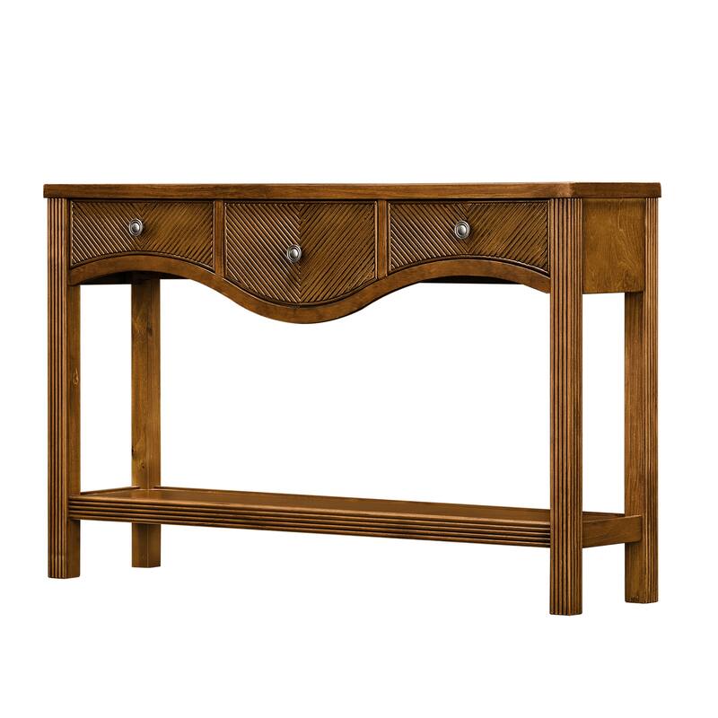 52 Inch Fluted Wood Console Table with 3 Drawers and Solid Wood Legs for Living Room Entryway Decor