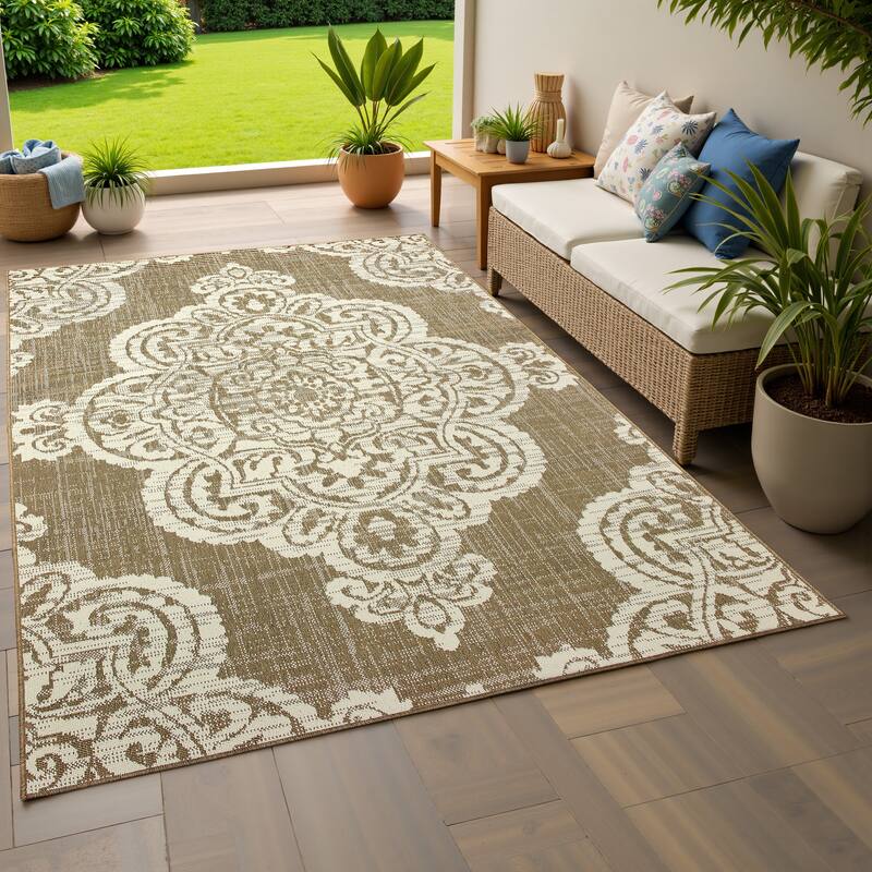 Style Haven Marianna Center Medallion Loop Pile Indoor Outdoor Rug - 3' 7" x 5' 6" - Tan/Off-White - Rectangle