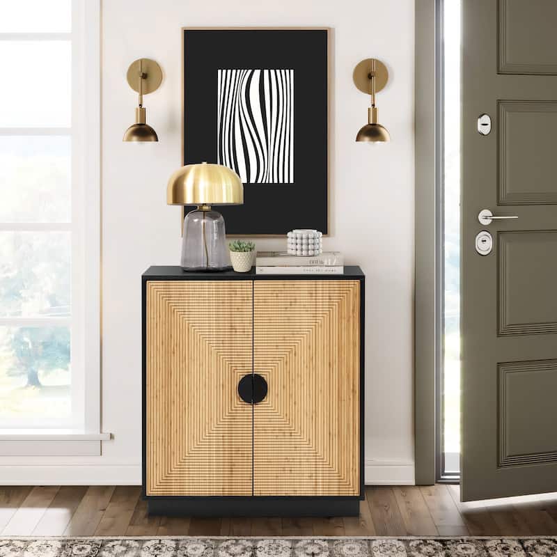 Modern Boho 2-Door Black Accent Cabinet with Bamboo Strips - 33.9" H x 31.5" W x 15.7" D