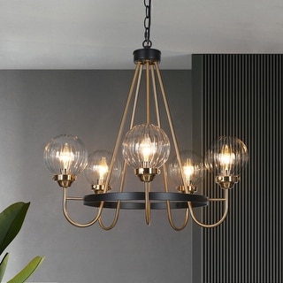 Modern 5-Light Black Gold Wagon Wheel Chandelier Glass Pendant Light for Dining Room - 22" D x 21.5" H