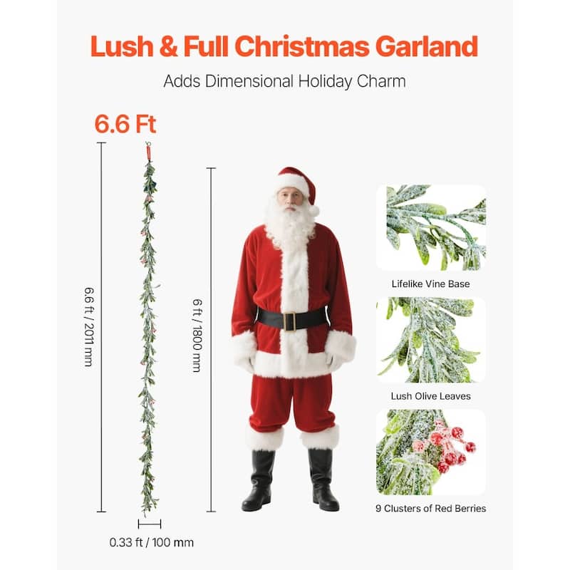 Snowy Green LED Lighted Christmas Garland with Olive Leaves and Vine Berries for Stairs and Mantels
