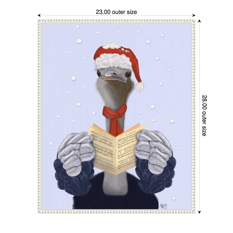 Ostrich Carol Singing by Fab Funky (23 x 28 in.), Framed Canvas Wall Art Print - Sylvie Beaded White