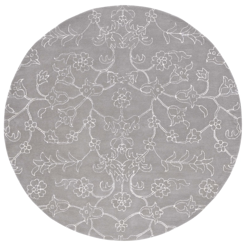 SAFAVIEH Handmade Fifth Avenue Timmie Floral New Zealand Wool - 7' x 7' Round - Dark Grey/Ivory