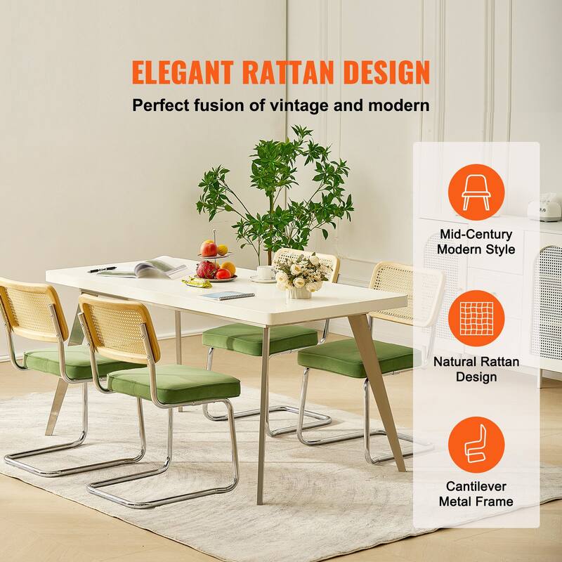 Rattan Dining Chairs Set of 4, Mid Century Modern Dining Chair, Upholstered Velvet Accent Chair with Rattan Back, Retro Dining