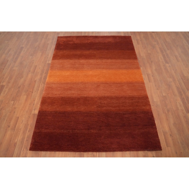 Hand Knotted Oriental 100% Wool Carpet Modern Stripe Oranges & Rust Gabbeh Area Rug - 7' 7'' X 5' 2''
