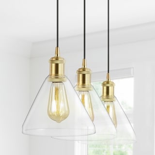 Kiawah Island 30.5" 3-Light Metal/Glass Contemporary Modern LED Pendant, Brass Gold/Black by JONATHAN Y