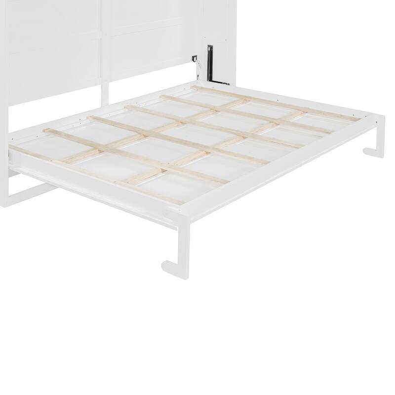 White Queen Murphy Bed with LED Lighting, Modern Wall Bed, No Box Spring Needed