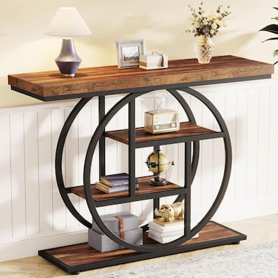 Rustic Brown Black Engineered Wood Console Table with Shelves and Metal Frame - 11.81"W x 41.34"L x 31.5"H H