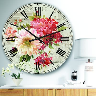 Designart 'Red Painted Flowers on Vintage Postcard III' Farmhouse Large Wall CLock