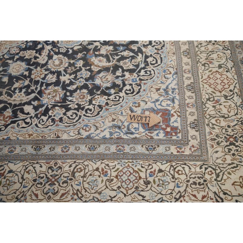 Hand Knotted Oriental 100% Wool Carpet Traditional Floral Black Nain Area Rug - 11' 9'' X 7' 11''