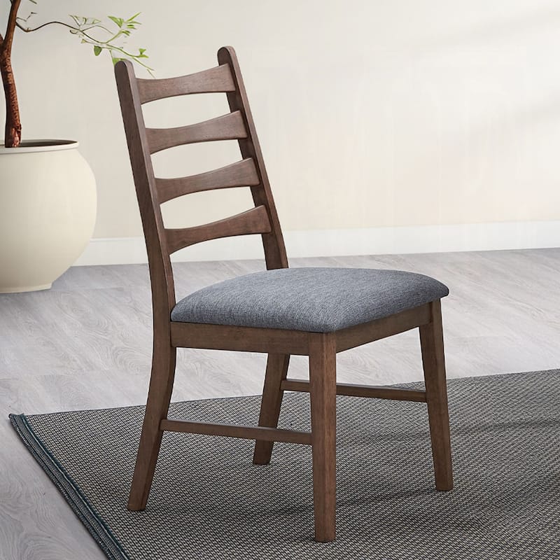 Set of 2 Linen Upholstered Dining Chairs with Ladder Back in Dark Gray and Walnut