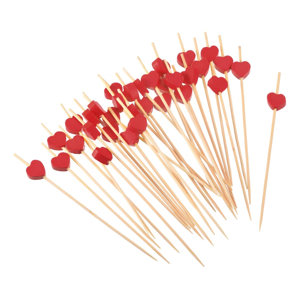 Bamboo Cocktail Toothpicks Heart Drink Fruit Picks Cocktail Skewers 100Pcs Red - 4.72"