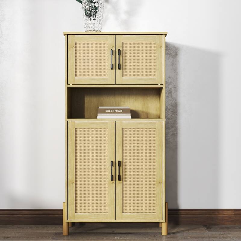 Mid Century 4 Door Rattan Cabinet, Adjustable Shelves Dining Storage