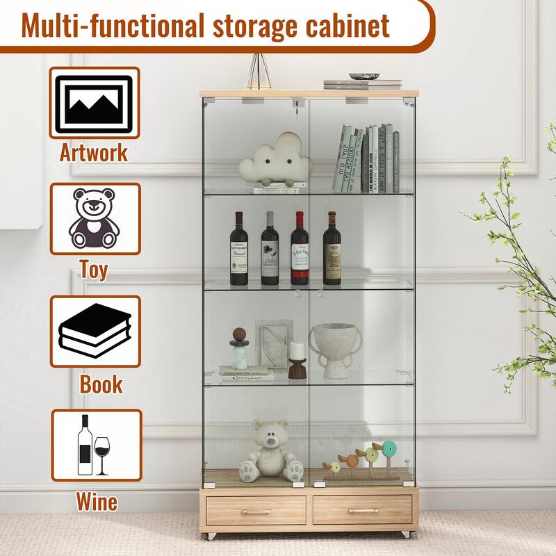 Modern Glass Display Cabinet with Large Drawer for Living Room and Bedroom