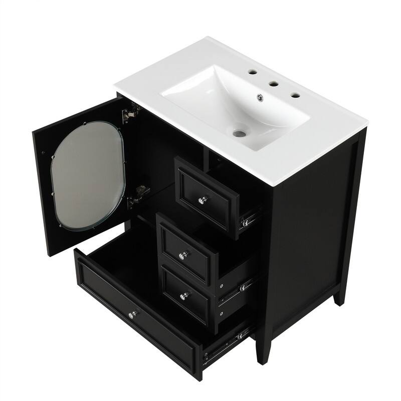 30" Stylish Bathroom Vanity with Sink, Bathroom Storage Cabinet with 3 Drawers, Solid Wood Frame and Glass Door