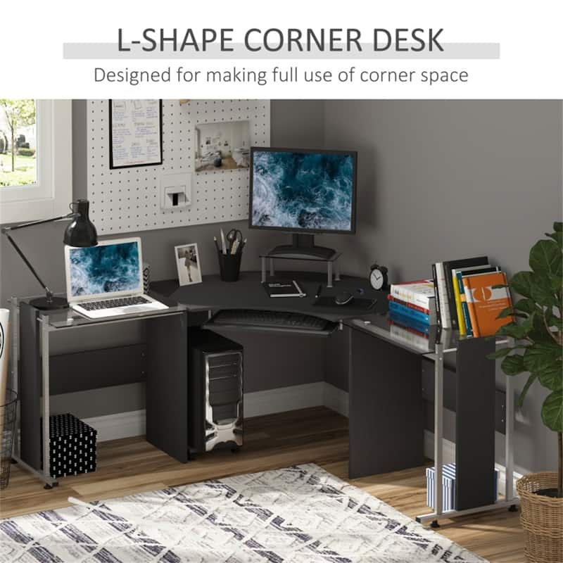 Modern Black MDF L-Shaped Home Office Desk with Tempered Glass Top and Rolling CPU Holder