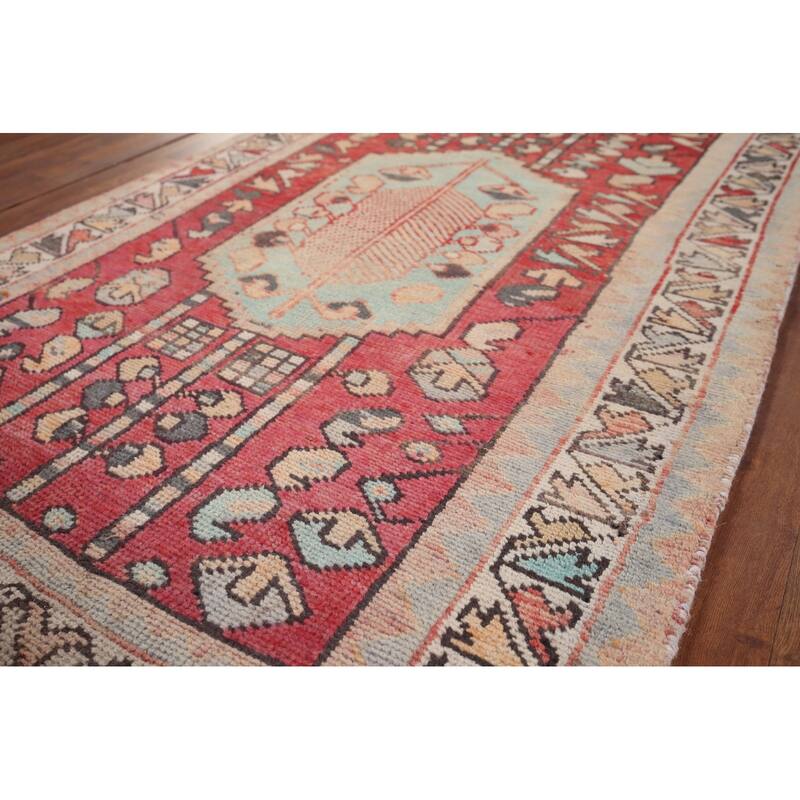 Red Hamedan Persian Vintage Runner Rug Hand-Knotted Wool Carpet - 3'3" x 10'3"
