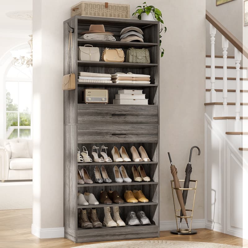 9-Tier Shoe Cabinet with 2 Drawers, Freestanding Closet Organizer with Adjustable Storage Shelves - Grey Oak