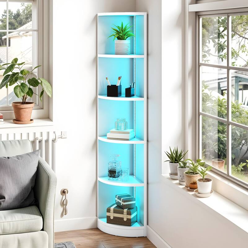 Moasis Modern 5-Tier Corner Shelf, 70" Tall Corner Bookshelf Freestanding Display Bookcase - White w/LED