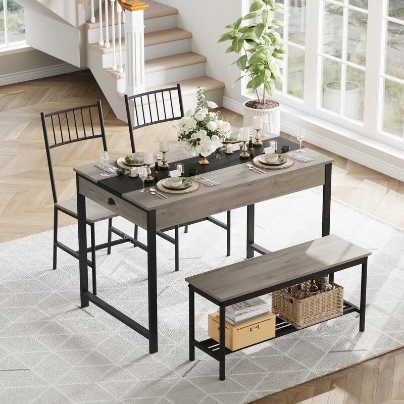 Dining Table Set for 4, Small Kitchen Table and 2 Chairs for 4 with Bench - Grey