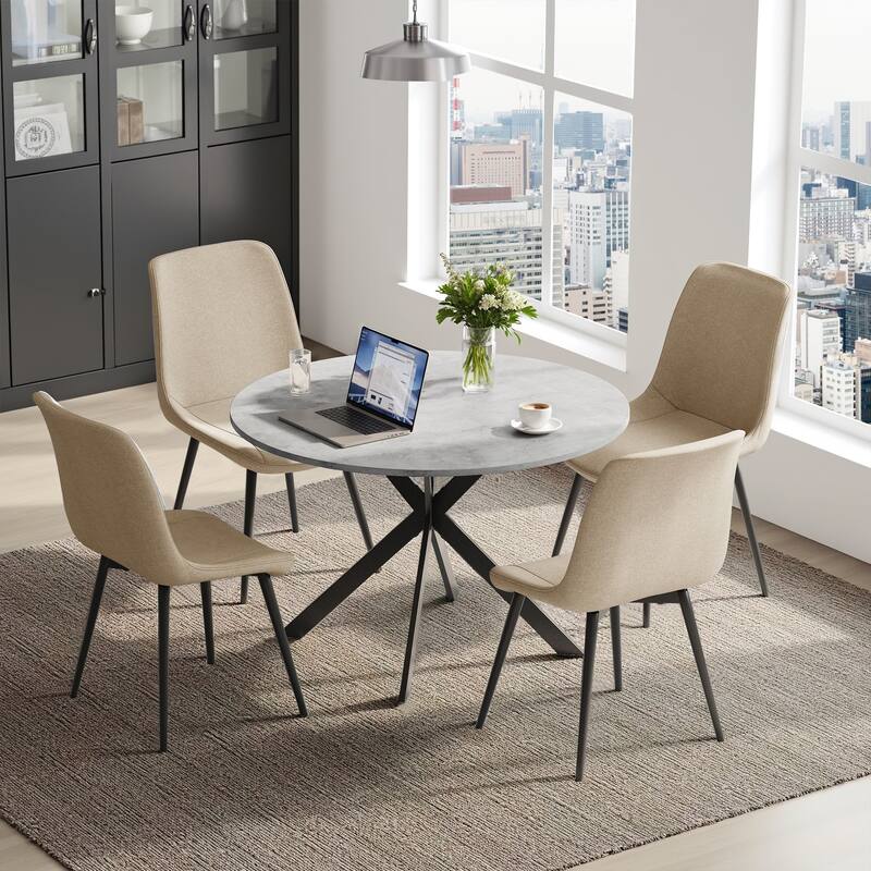 EROMMY Space-Saving 47.2" Round Dining Table Set for 4 - Ideal Small Kitchen & Dining Room Furniture, Includes 4 Chairs - Brown