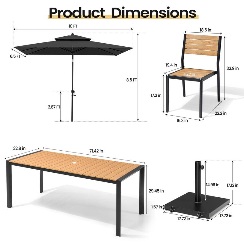 Set of 9 Outdoor Patio Dining Set WoodLike Aluminum Umbrella Hole Table with Stackable Chairs, Double Top Market Umbrella Set