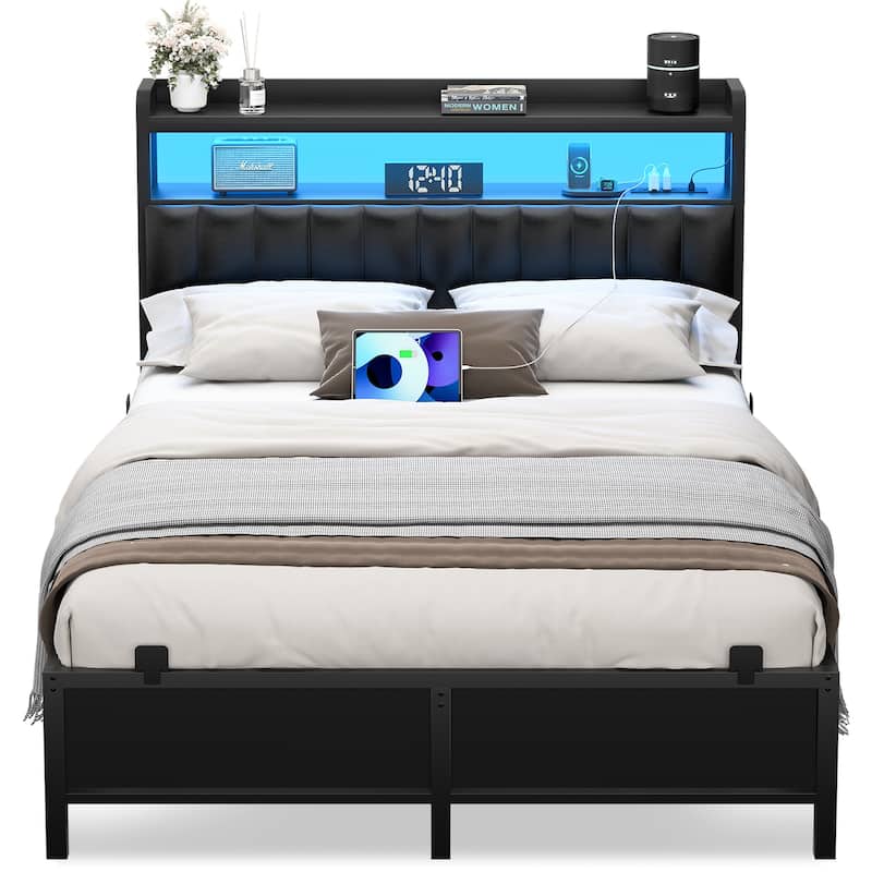 Platform Bed Frame with Upholstered Storage Headboard, Full/ Queen/ King Beds with Charge Station and LED Lights