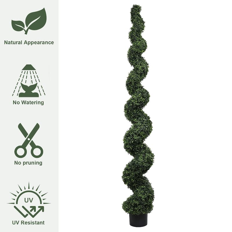 7FT Spiral Topiary Trees Artificial Outdoor Faux Boxwood Plants Large Twisted Green Potted Trees with Dark Green Leaves 1pc/set
