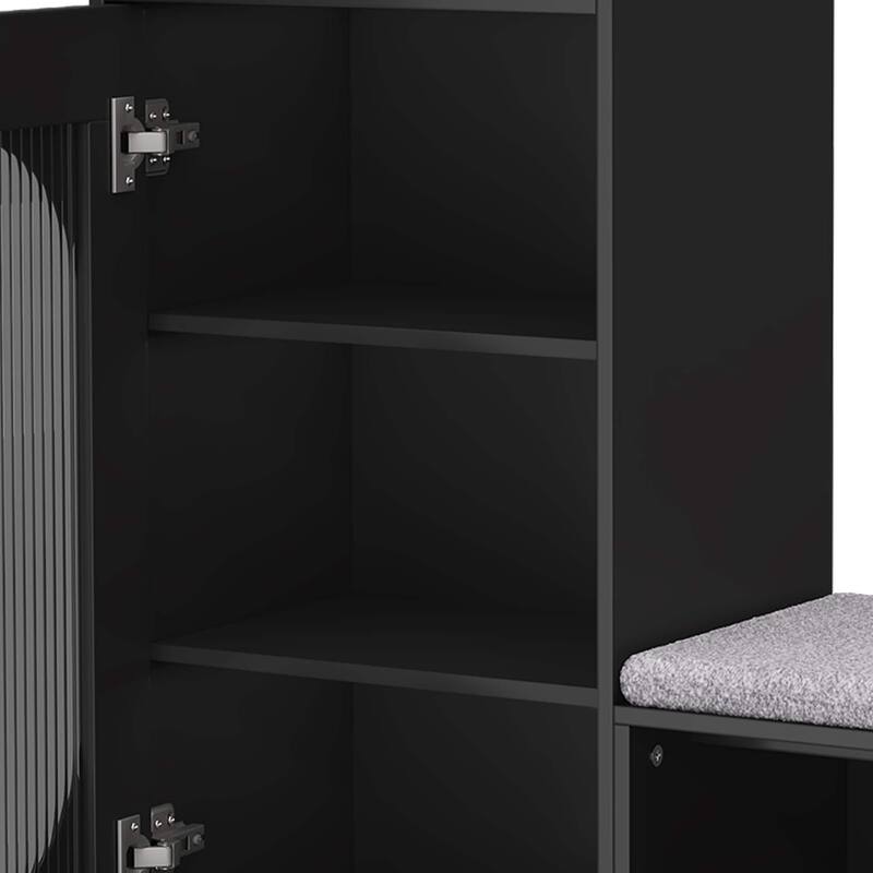 L-Shaped Shoe Storage Bench with Padded Seat, Modern Organizer with Glass Door and Shelf