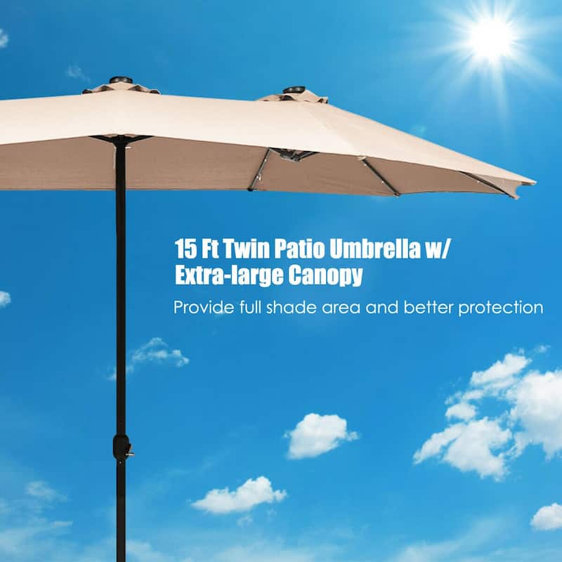 15 Ft Patio LED Crank Solar Powered 36 Lights Umbrella - 15 Ft x 8 Ft (W x H)