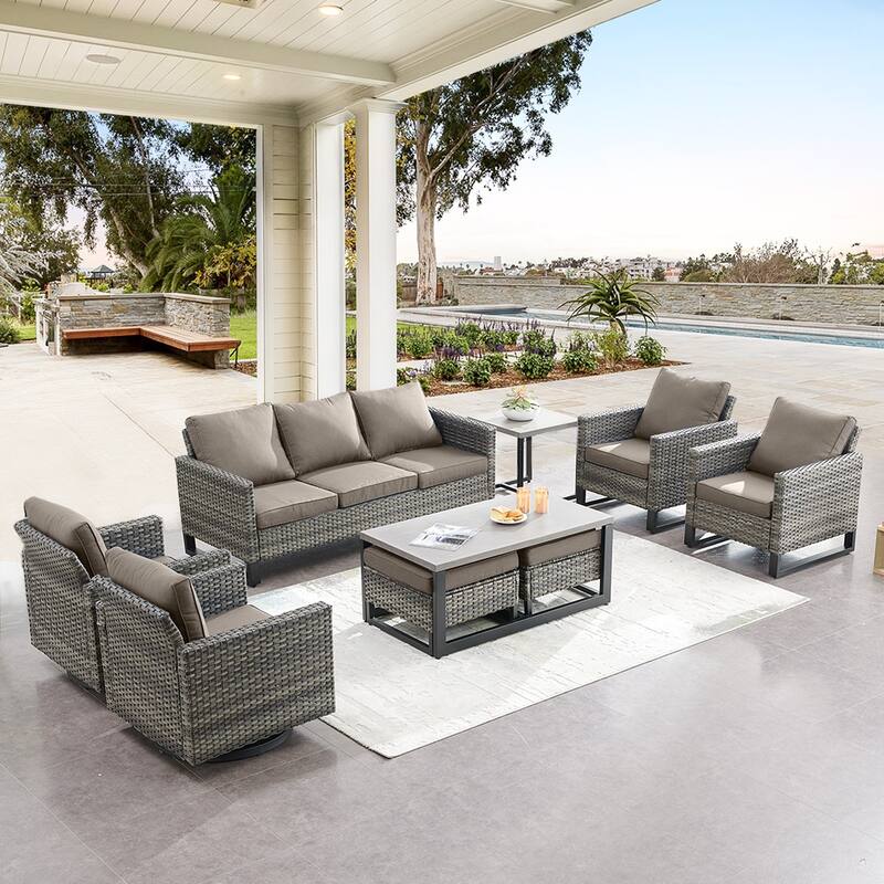 Gymojoy PE Wicker Sofa Rocking Chair Ottoman Set of 9 Weather-resistance - Grey - Grey