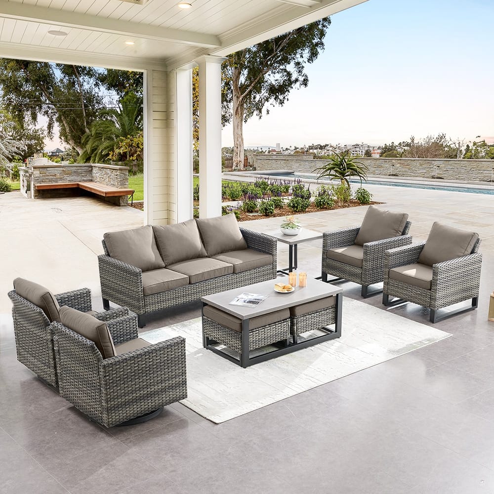 Gymojoy PE Wicker Sofa Rocking Chair Ottoman Set of 9