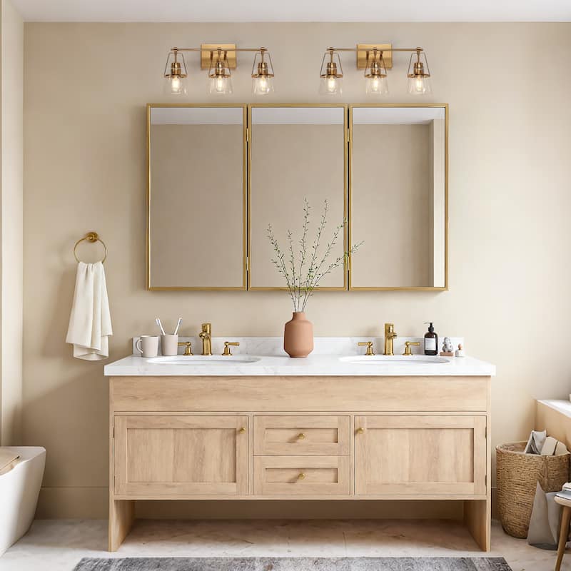 Modern Gold 3-Light Bathroom Vanity Light Clear Glass Wall Sconce - L 21.2" x D 5.5" x H 10.2"