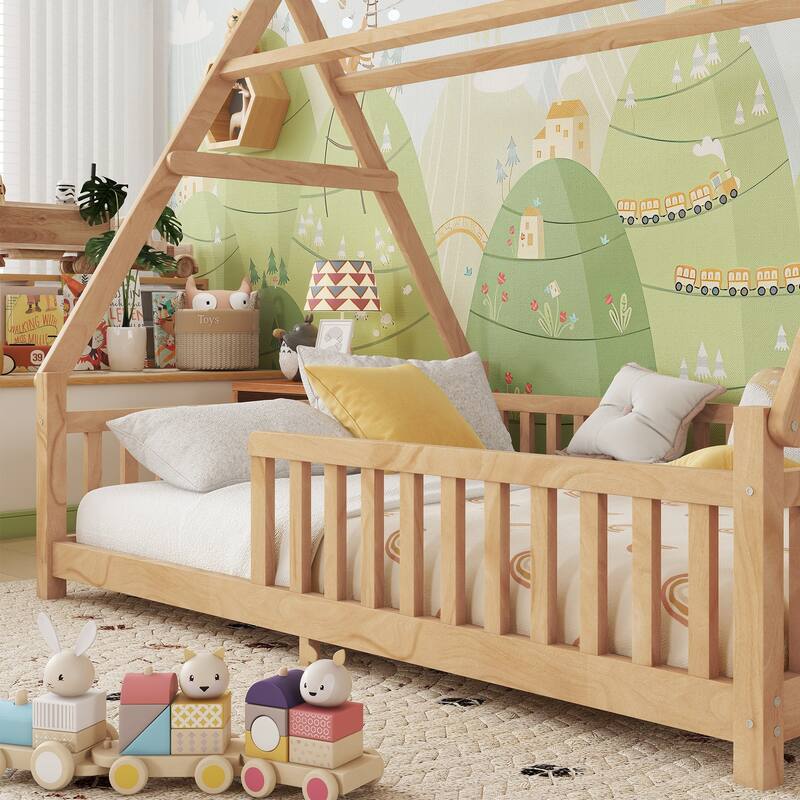 Full House Bed with Light, Low Floor Design, Fence and Roof for Kids, Natural Wood Finish